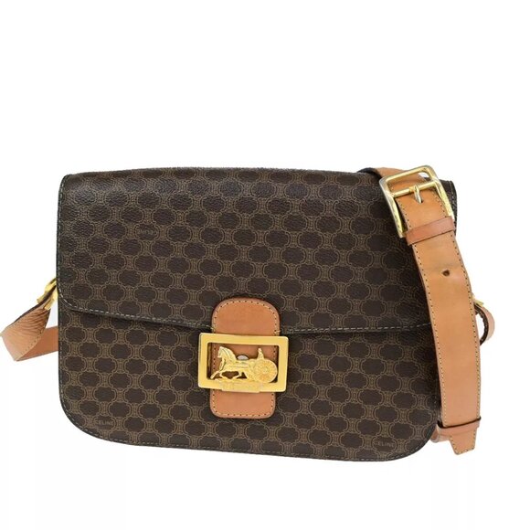 CELINE Macadam Pattern Horse Carriage Shoulder Bag PVC Leather Brown GHW 98YG603 - Picture 1 of 15
